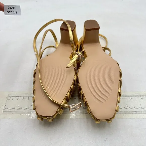 miss left Gold Caged Toe Chunky Mid Heel Cutout Sandals Strappy Ankle Strap Shoe - Picture 7 of 8